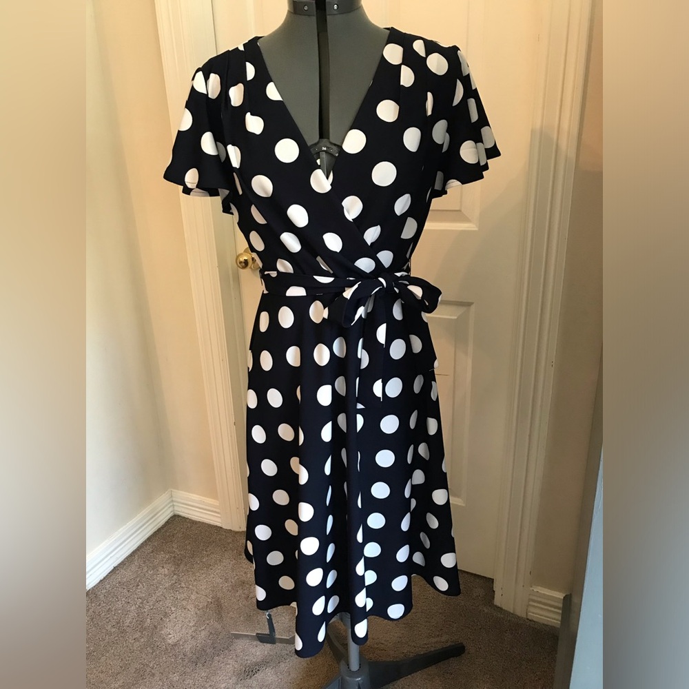 Navy and White Polka Dot Faux Wrap Midi Dress